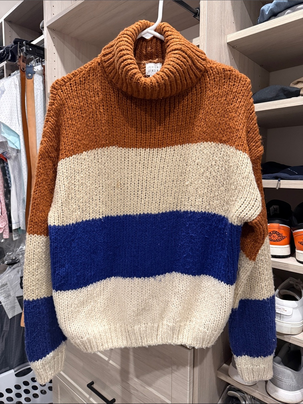 Striped Cowl Neck Sweater in Rust, Cream & Blue